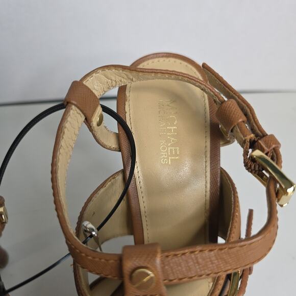 Michael Kors Mackenzie 5" Heels Gold Brown Leather Strap 7 M Big Logo Peep Toe - Picture 6 of 12